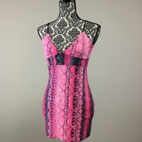 I-X London Snake Print Strappy Plunge Bodycon Nighty Slip Dress Pink - Picture 7 of 15